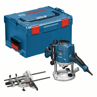 Roteador elétrico Bosch azul com acessório e estojo azul