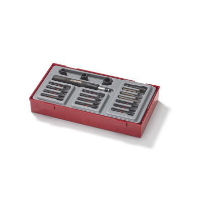 Conjunto de ferramentas com várias pontas para parafusos em base vermelha e cinzenta