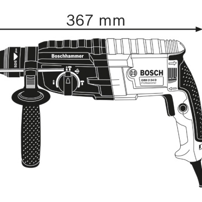 Foto de uma ferramenta elétrica Boschhammer preta e branca com medida em milímetros