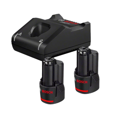 Carregador de bateria preto Bosch com duas baterias recarregáveis preto e vermelho