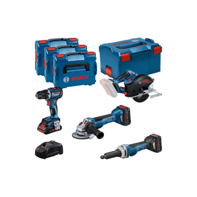 Conjunto de ferramentas elétricas Bosch com caixas de arrumação azuis