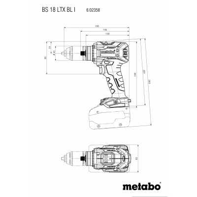 Desenho técnico ferramenta elétrica Metabo BS 18 LTX BL I com medidas