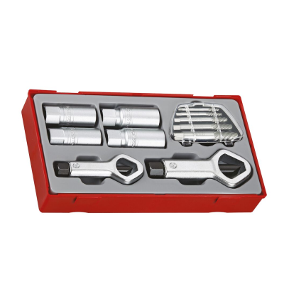 Conjunto de ferramentas em caixa vermelha com chaves e soquetes
