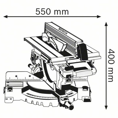 Desenho de serra circular Bosch com medidas 550 mm por 400 mm