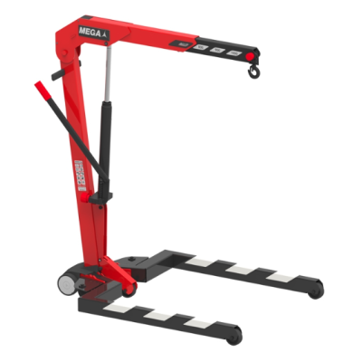 Grua hidráulica vermelha e preta com gancho e base em U com faixas brancas e pretas