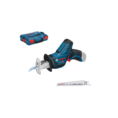 Serra elétrica portátil BOSCH azul e preto com lâmina e estojo de transporte azul