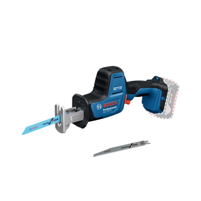 Serra recíproca a bateria Bosch Professional azul e preta com lâminas para metal e madeira.