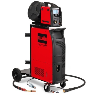 Máquina de soldar TELWIN vermelha e preta com rodas e visor digital