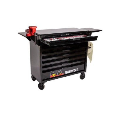 Carrinho de ferramentas preto com gavetas e morsa vermelha