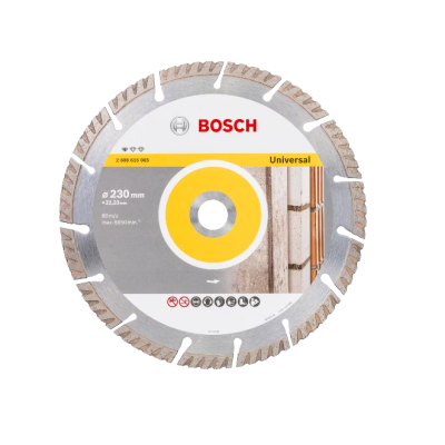 Disco de corte Bosch Universal circular com segmentos diamantados e etiqueta colorida.