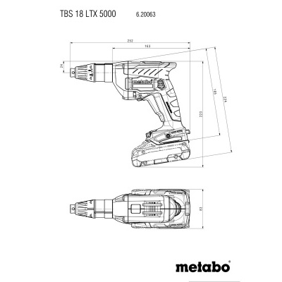 Desenho técnico de ferramenta eléctrica Metabo TBS 18 LTX 5000 com dimensões