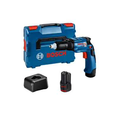 Conjunto de ferramentas Bosch com furadora, bateria, carregador e mala azul