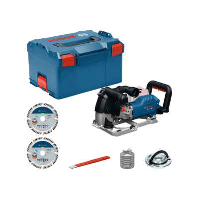 Conjunto de ferramentas Bosch com serra, discos de corte, acessório metálico, lâmina e mala azul.