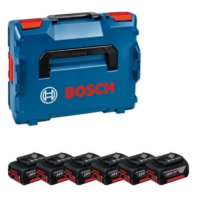 Estojo azul BOSCH com seis baterias 18V pretas e vermelhas