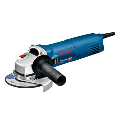 Máquina de esmerilhar Bosch azul e prateada com disco abrasivo e punho preto