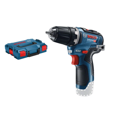 Furadeira/parafusadora Bosch azul e preto e mala de transporte azul com fechaduras vermelhas