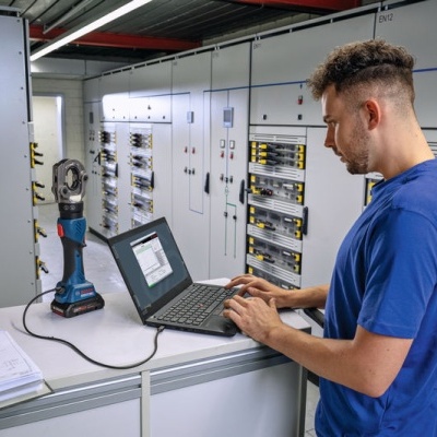 Homem usando portátil perto de ferramenta elétrica em ambiente industrial