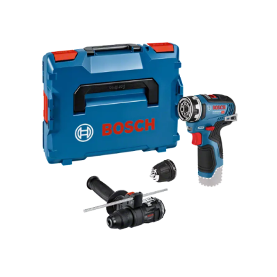 Conjunto de ferramenta Bosch com berbequim elétrico, estojo azul e acessórios pretos