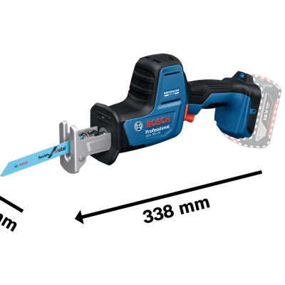 Serra sabre Bosch Professional com motor brushless e lâmina azul, vista lateral com dimensões indicadas.