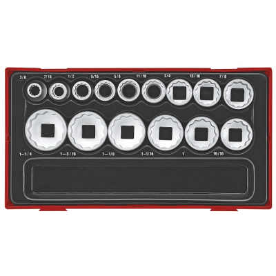 Conjunto de soquetes metálicos organizados num estojo preto e vermelho