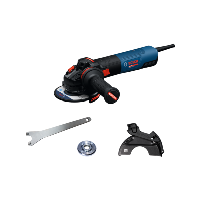 Esmerilhadora Bosch Expert azul e preta com acessórios em fundo branco