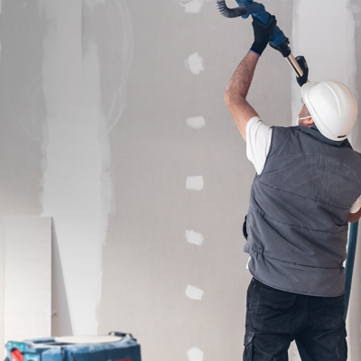Homem a lixar parede branca com lixadora elétrica azul Bosch