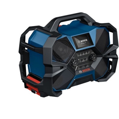 Aparelho de som portátil Bosch preto e azul com visor digital