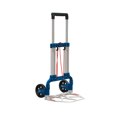 Carrinho de transporte dobrável azul e prata com rodas e alça preta