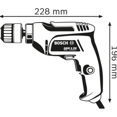 Furadeira elétrica Bosch GBM 6 RE com dimensões 228 mm x 196 mm