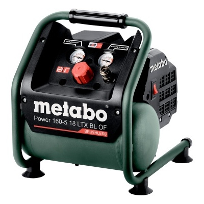 Compressor de ar portátil Metabo verde e preto com manômetros e manípulo vermelho