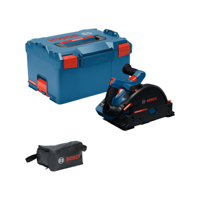 Conjunto de lixador eléctrico Bosch com caixa de armazenamento azul e bolsa preta.