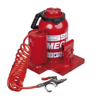 Macaco hidráulico vermelho com base, cilindro, mola vermelha e válvula metálica