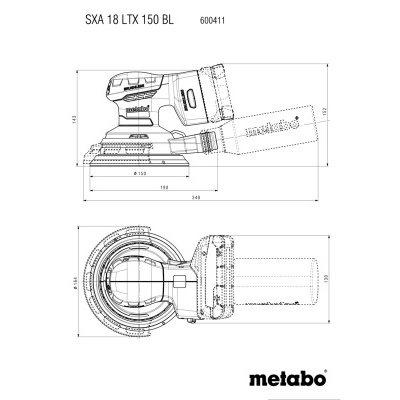 Desenho técnico de esmerilhadora Metabo SXA 18 LTX 150 BL com medidas
