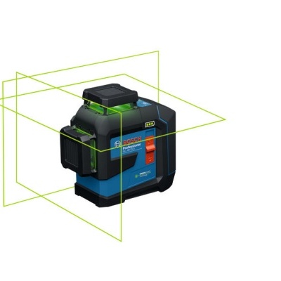 Nível laser Bosch GLL 3-80 C com linhas verdes em fundo branco