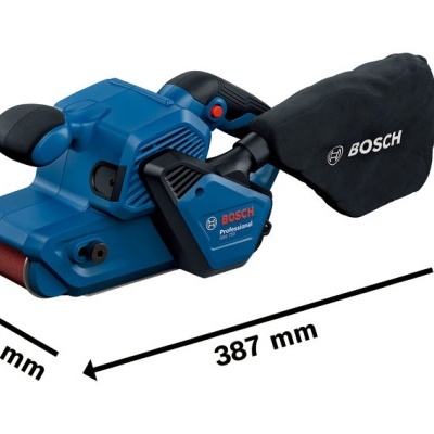 Lixadeira de cinta Bosch Professional azul com saco de pó preto e dimensões indicadas