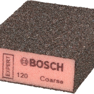 Esponja abrasiva rosa e castanha Bosch com texto na lateral