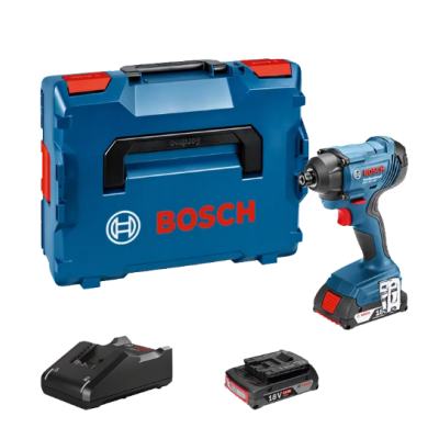 Conjunto de ferramenta Bosch com mala azul, parafusadora de impacto, bateria e carregador