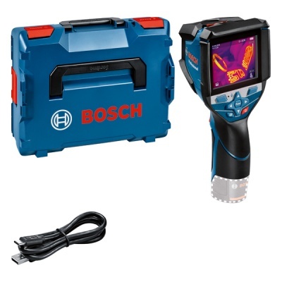 Conjunto BOSCH mala azul, câmara termográfica e cabo USB preto