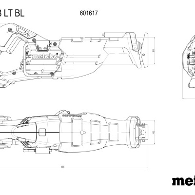 Desenho técnico de ferramenta elétrica Metabo com medidas e texto