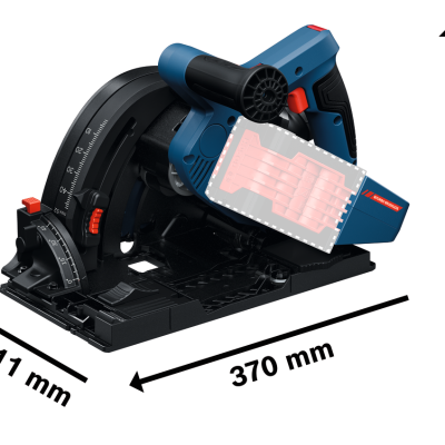 Serra circular portátil azul e preta com detalhes vermelhos, medidas destacadas