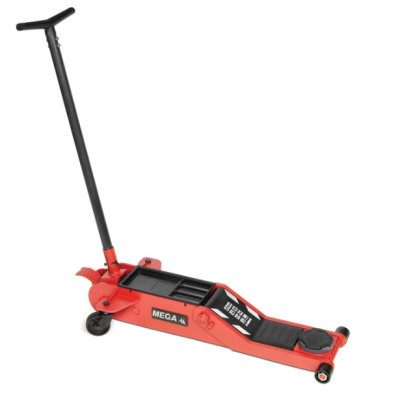 Macaco hidráulico vermelho e preto com alavanca longa e rodas.