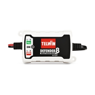 Carregador de bateria Telwin Defender 8 branco e preto com indicadores de estado