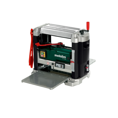 Rebarbadora Metabo verde, prateada, preta e vermelha com etiqueta e manípulo vermelho