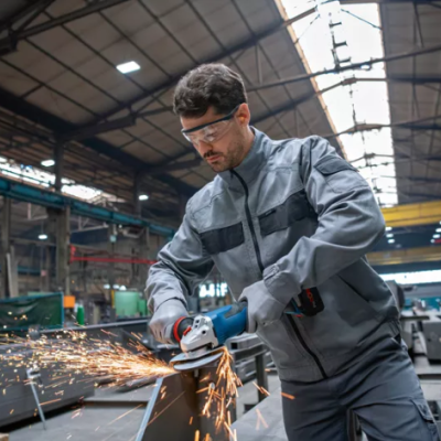 Homem a usar esmerilhadeira que gera faíscas numa oficina industrial