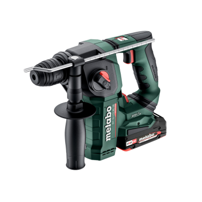 Martelo perfurador a bateria Metabo verde com punho adicional e bateria LiHD