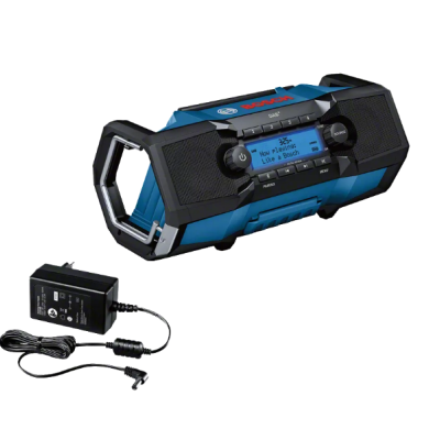 Rádio portátil Bosch azul e preto com adaptador de energia