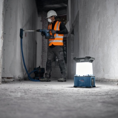 Trabalhador com colete laranja e capacete branco a perfurar parede interior com lanterna azul no chão
