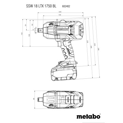 Desenho técnico a preto e branco de ferramenta elétrica Metabo com medidas.