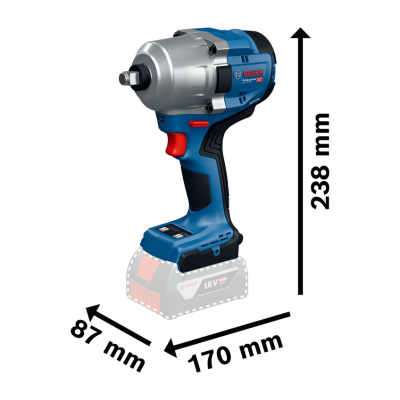 Chave de impacto Bosch Professional azul com dimensões indicadas