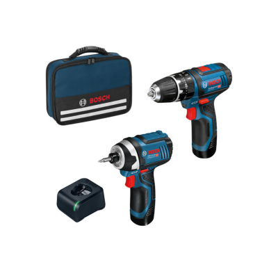 Conjunto ferramentas Bosch com chaves elétricas, carregador e bolsa azul